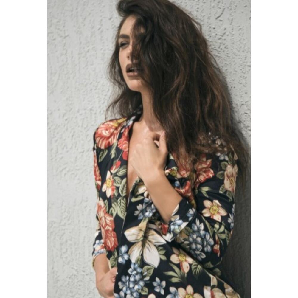 ZARA Basic Floral Print Belted Blazer Jacket Small Tropical Botanical Statement - Picture 2 of 9